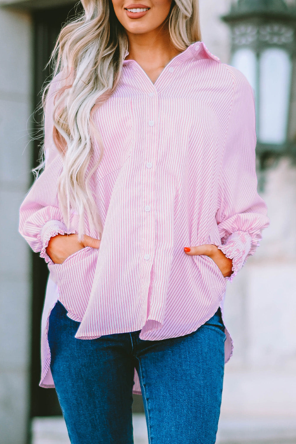 Pink Smocked Cuffed Striped Boyfriend Shirt with Pocket Greta Bean & Co.