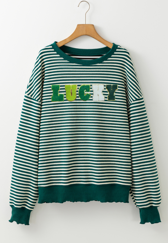 LUCKY Striped Round Neck Long Sleeve Sweatshirt Trendsi
