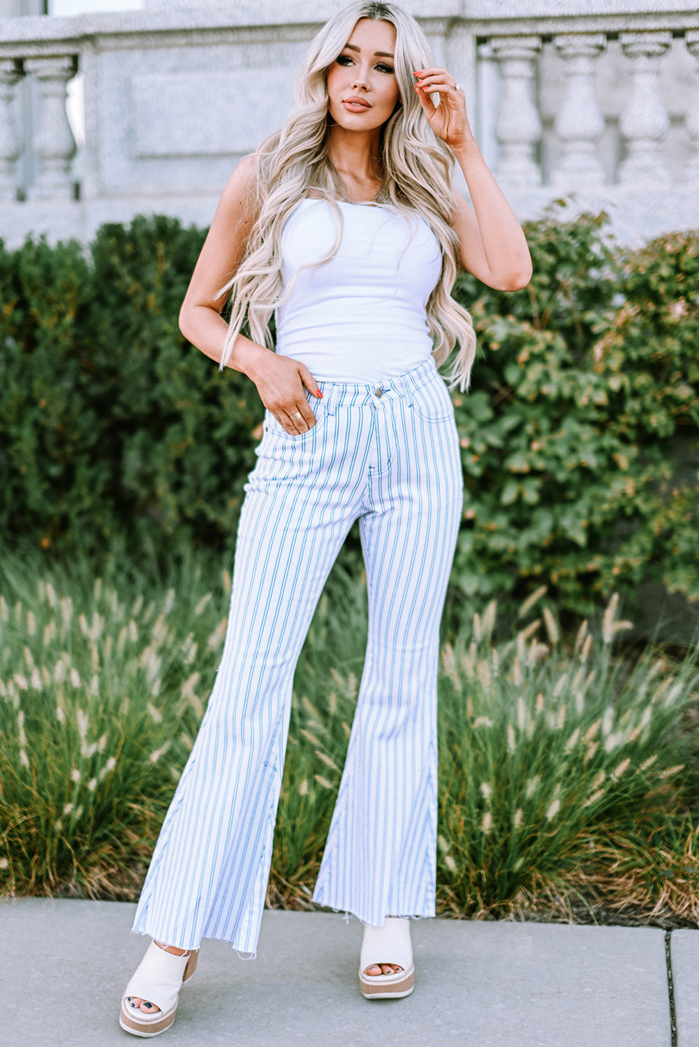 White High Waist Striped Print Flared Pants - Greta Bean & Co.