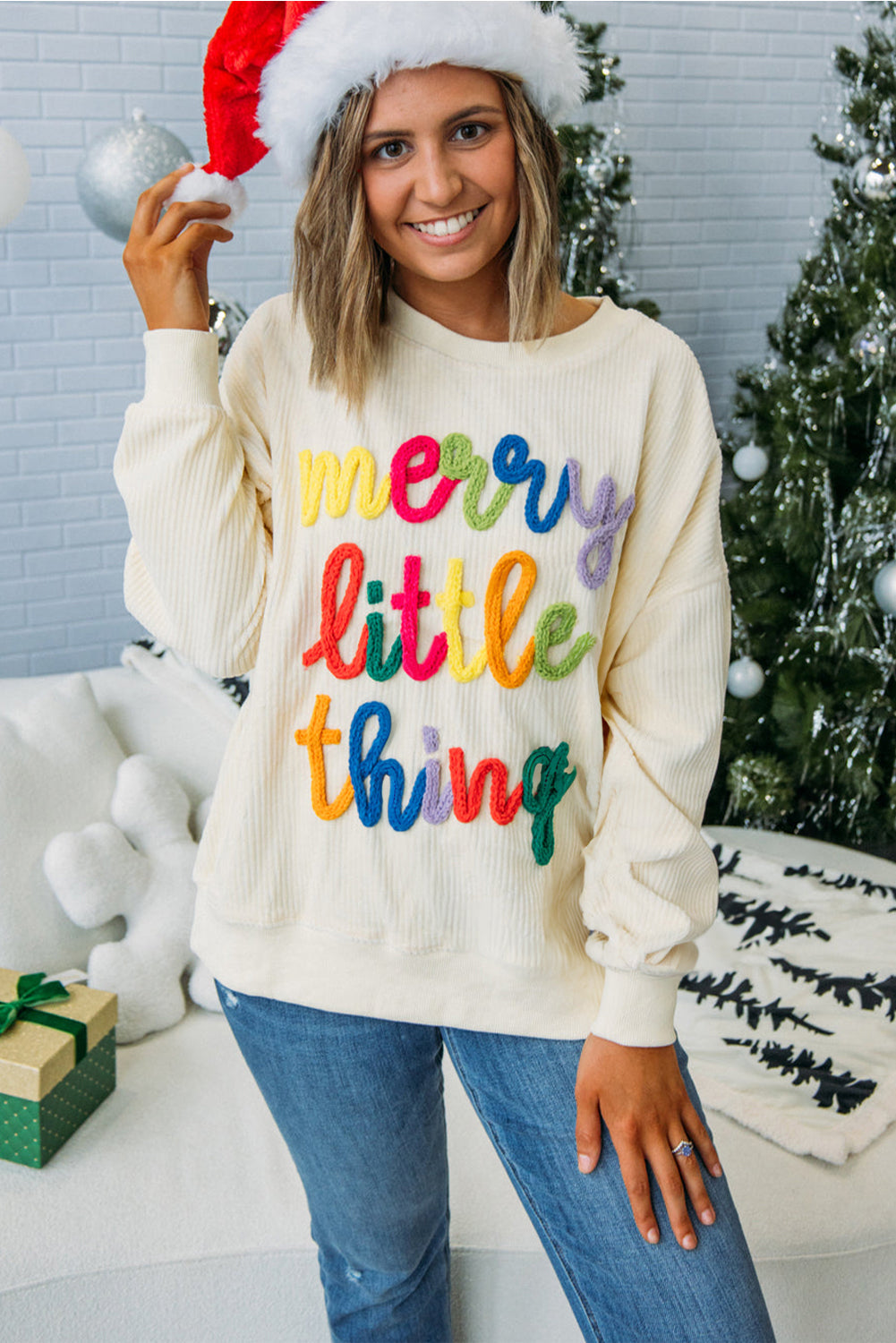 Beige merry little thing Corded Letter Graphic Ribbed Loose Sweatshirt Dear-Lover Dropshipping