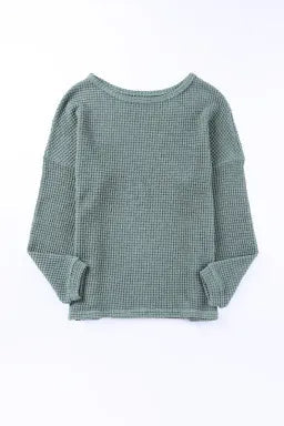 Green Waffle Knit Drop Shoulder Long Sleeve Top Greta Bean & Co.