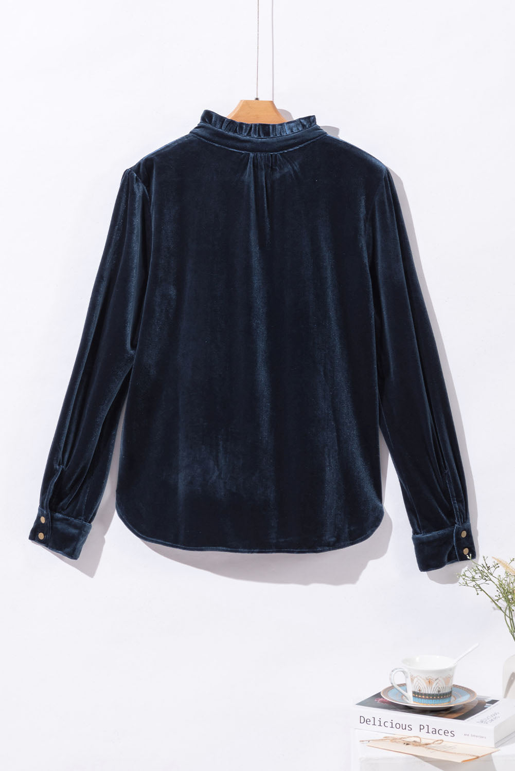 Navy Blue Frilled Buttoned V Neck Velvet Blouse Shewin