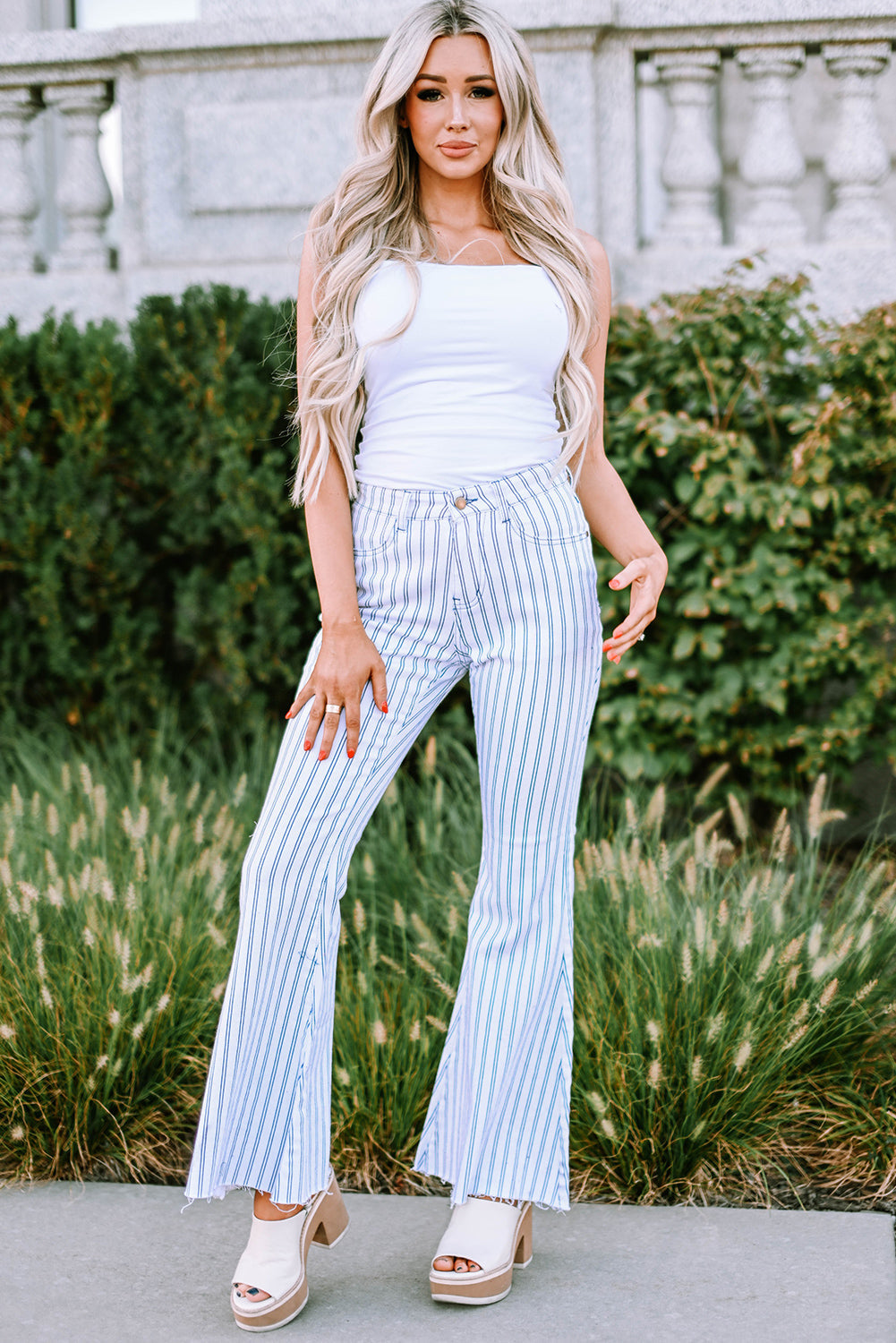 White High Waist Striped Print Flared Pants - Greta Bean & Co.
