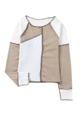 White & Tan Color Block Exposed Seam Long Sleeve Top Greta Bean & Co.