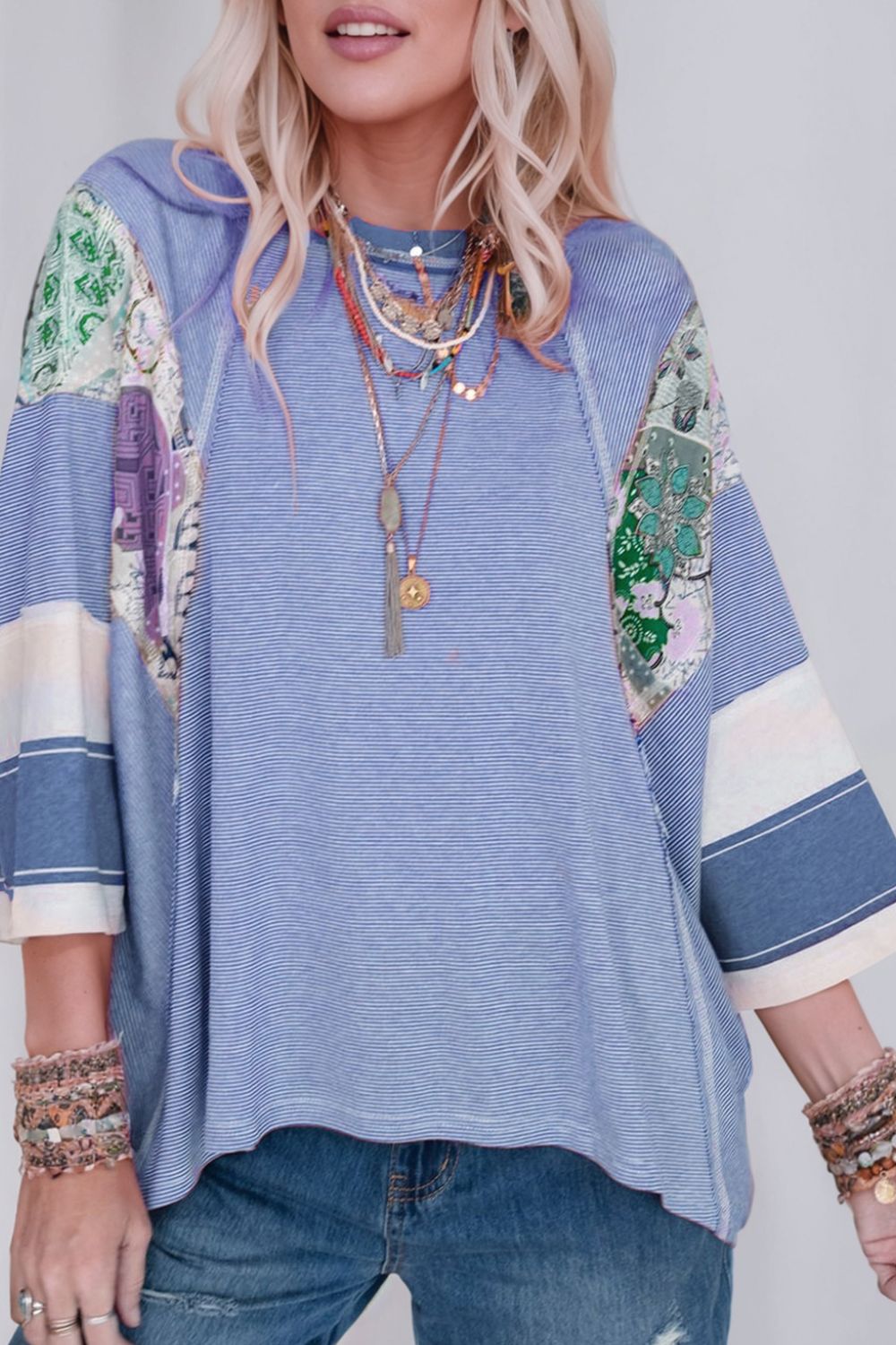Striped Floral Patchwork Round Neck Top Trendsi