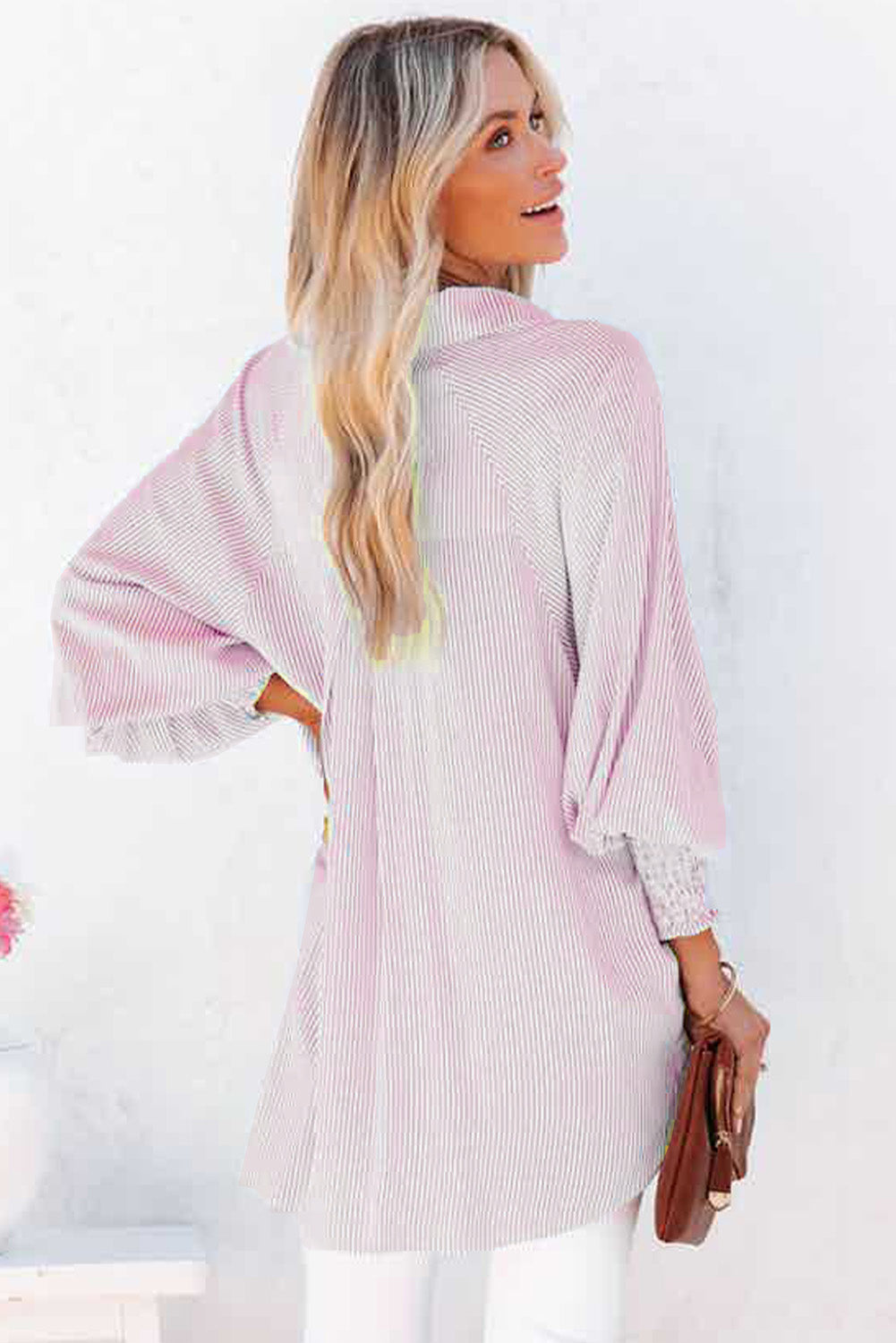 Pink Smocked Cuffed Striped Boyfriend Shirt with Pocket Greta Bean & Co.