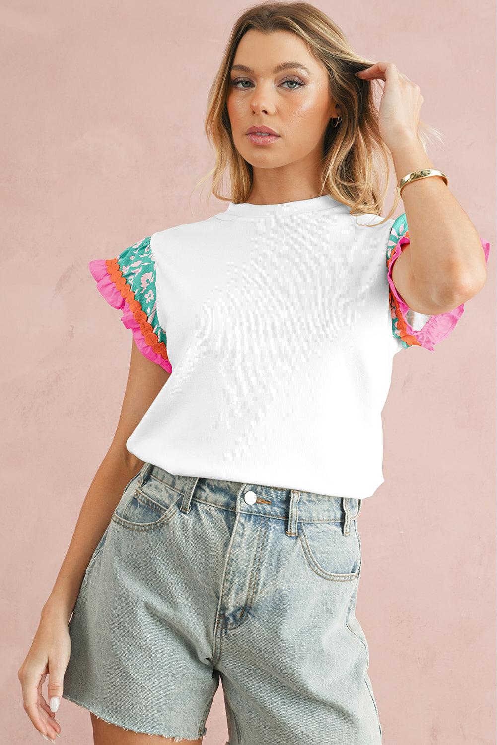 White Color Block Floral Print Ruffle Sleeve Blouse Greta Bean & Co.