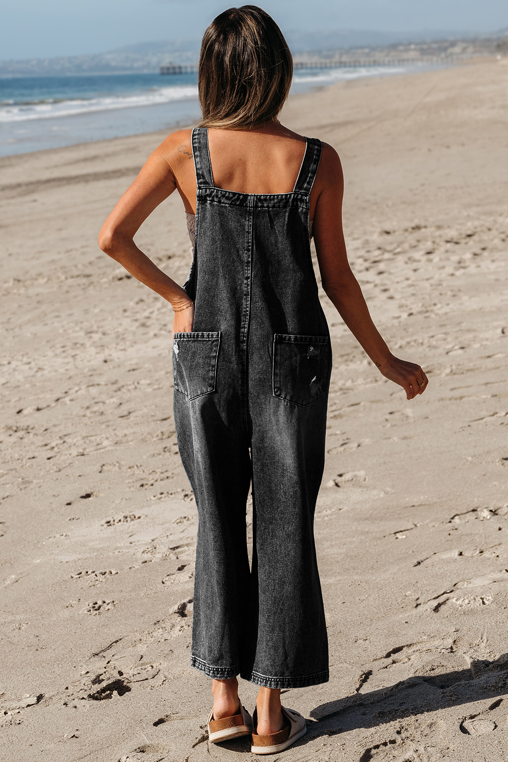 Stone Blue Distressed Bib Pocket Wide Leg Denim Overall Dear-Lover Dropshipping