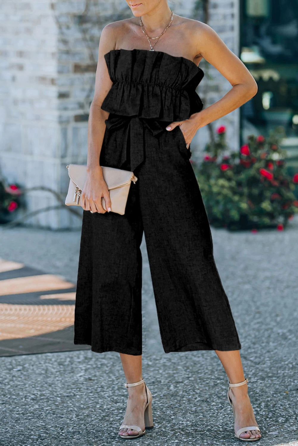 Black Linen Backless Ruffled Strapless Wide Leg Jumpsuit Greta Bean & Co.