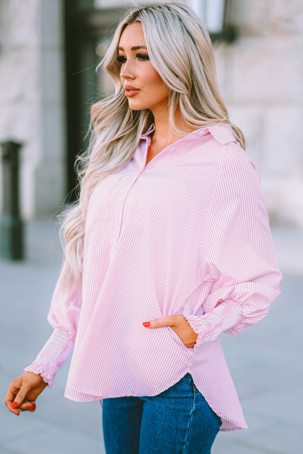 Pink Smocked Cuffed Striped Boyfriend Shirt with Pocket Greta Bean & Co.