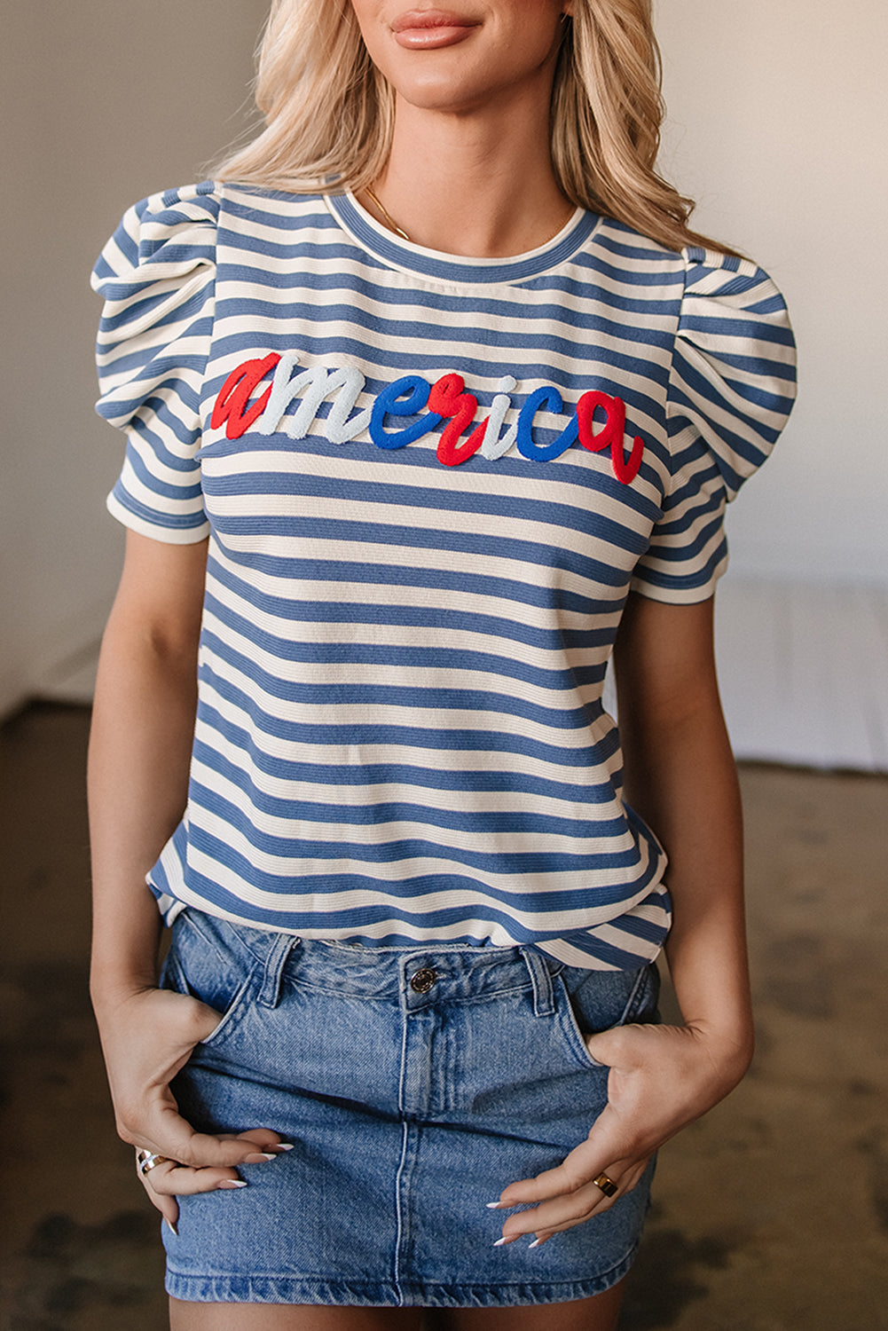 Striped America Cursive Puff Sleeve shirt - Greta Bean & Co.