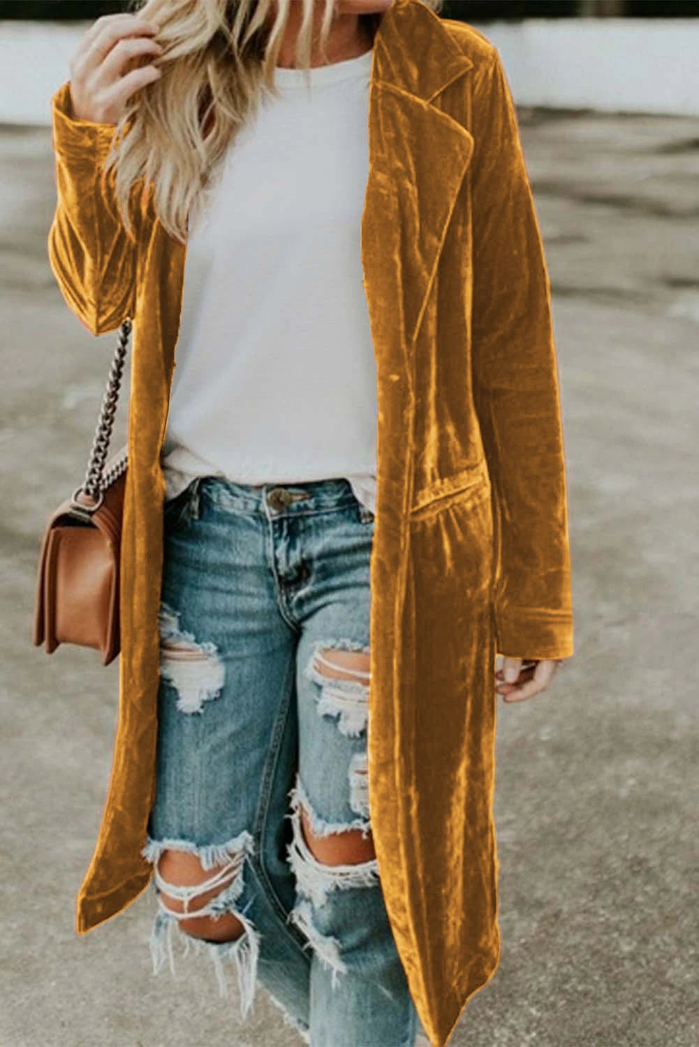 Mustard Velvet Lapel Pocket Long Cardigan - Greta Bean & Co.