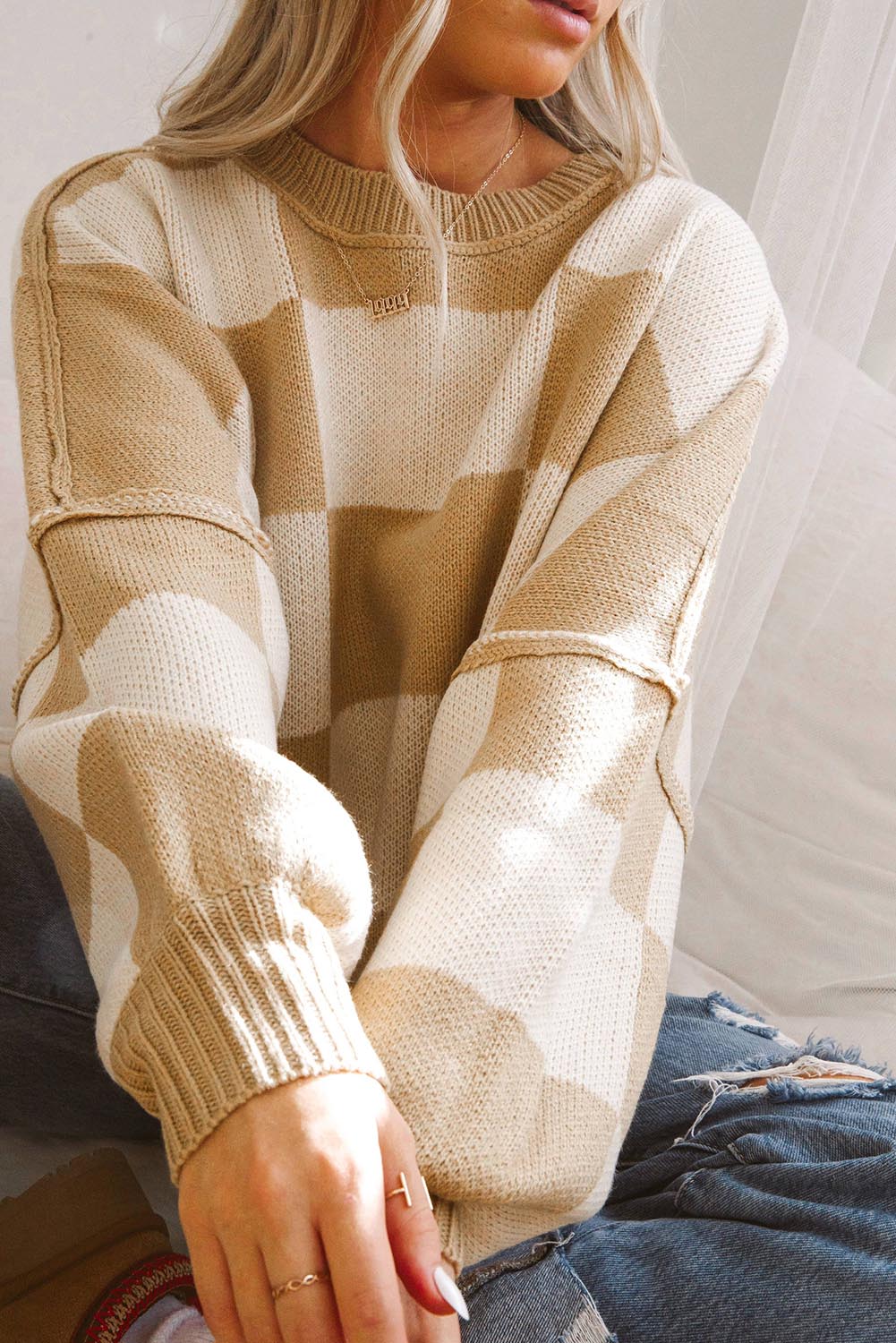 Khaki Plaid Bishop Sleeve Pullover Sweater - Greta Bean & Co.