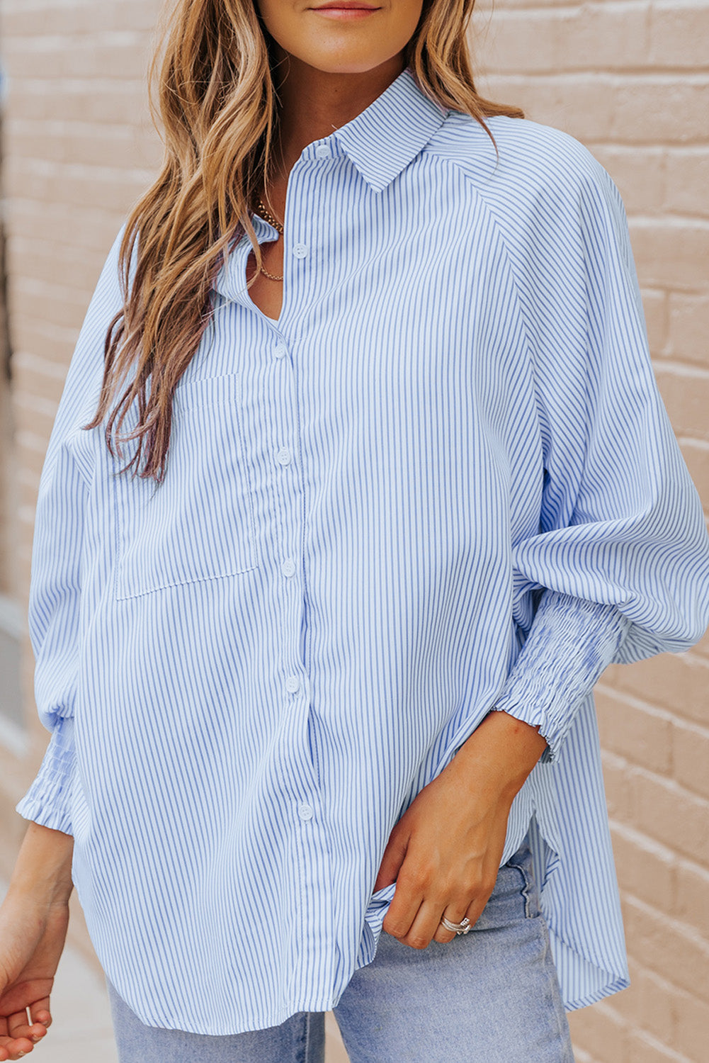 Black Striped Casual Shirred Cuffs Shirt Greta Bean & Co.