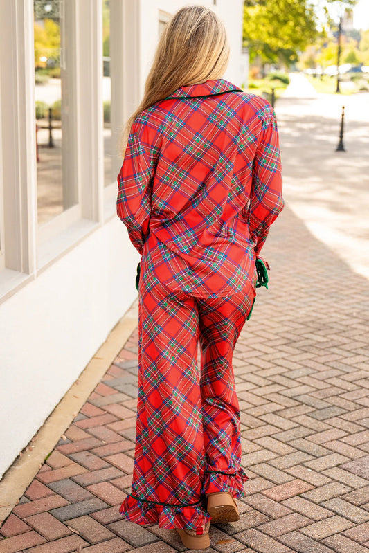 Fiery Red Christmas Plaid Satin Pajama Set Shewin
