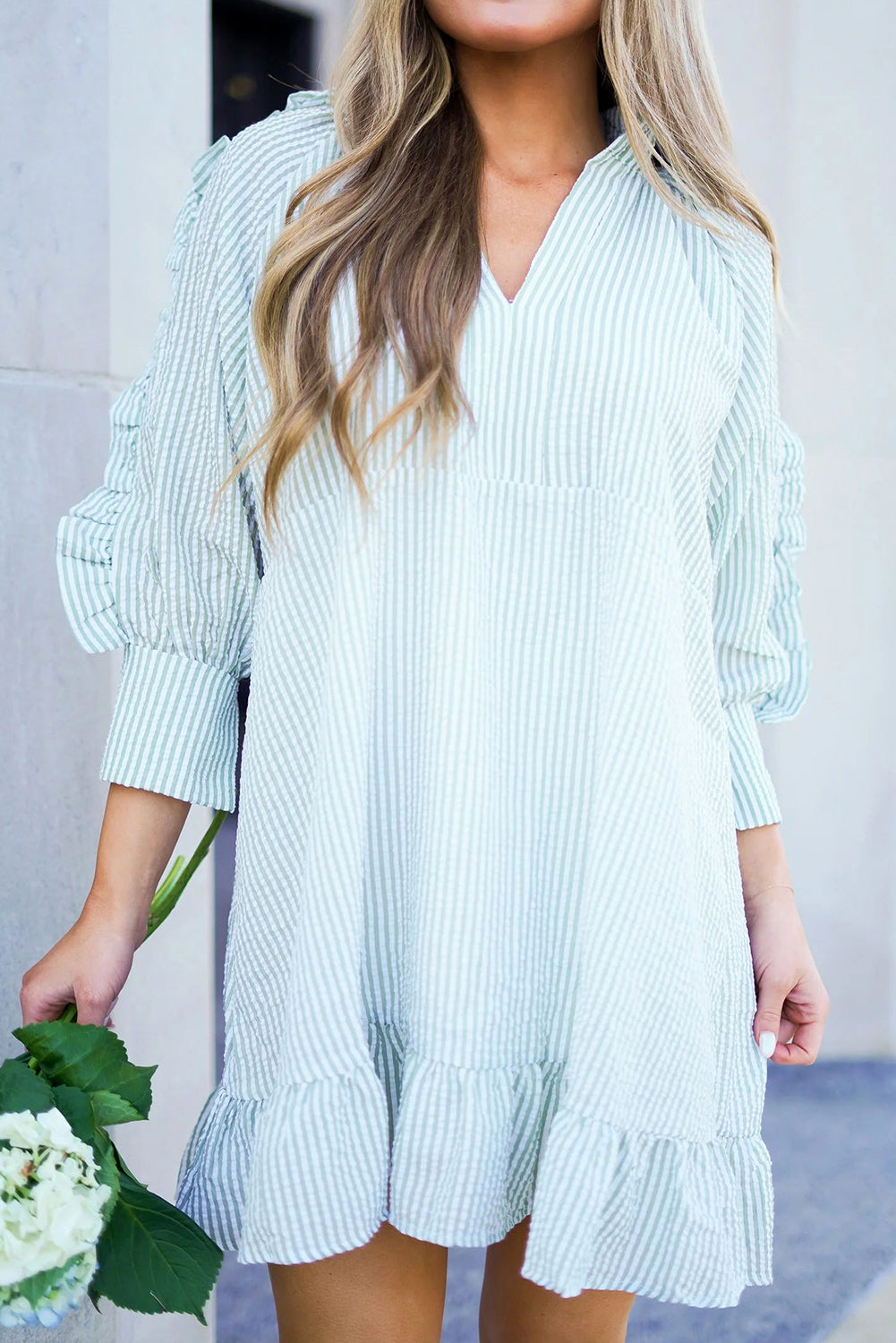 Myosotis Seersucker Striped V-Neck Ruffle Dress Greta Bean & Co.