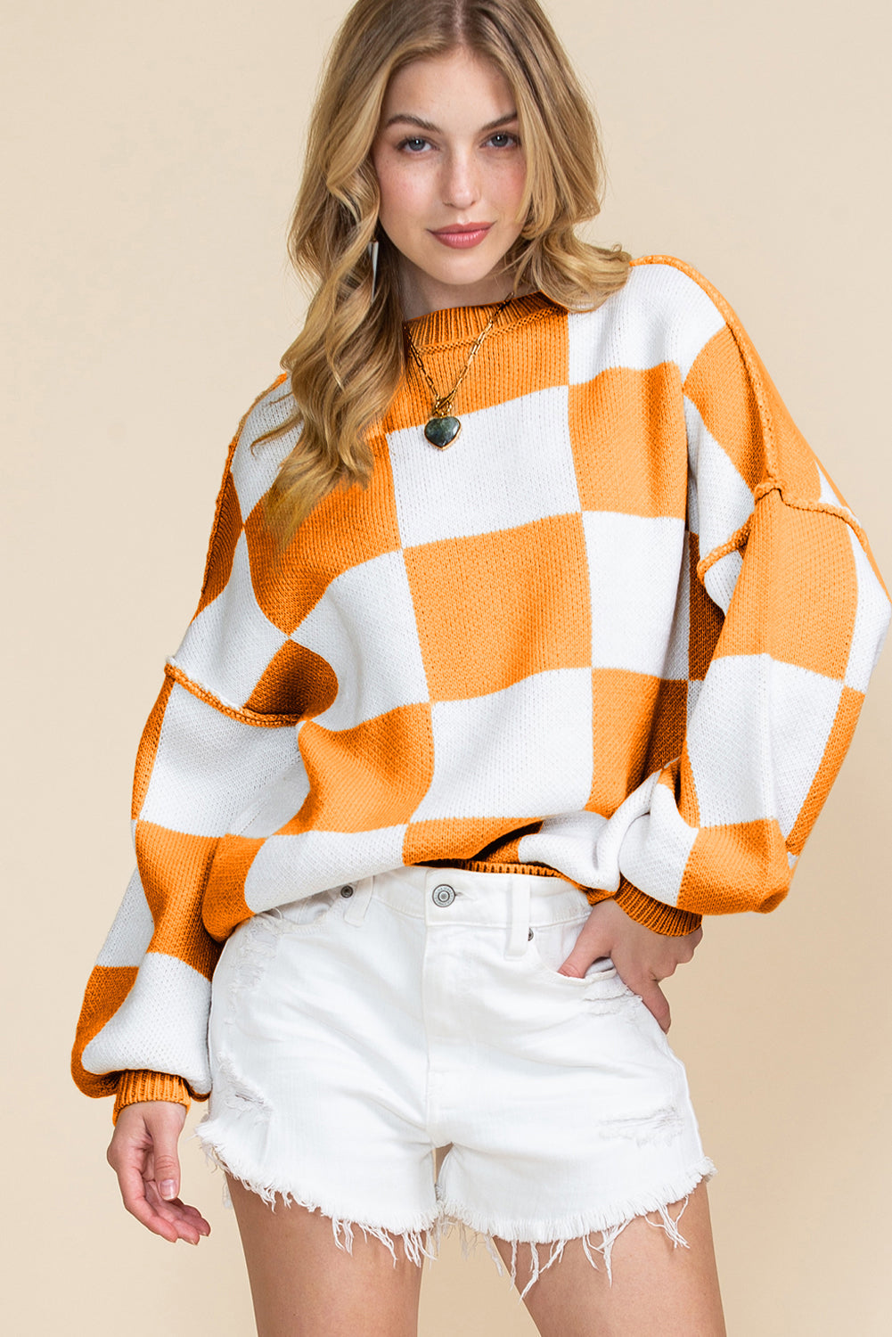 Orange & White Plaid Exposed Seam Bishop Sleeve Sweater - Greta Bean & Co.