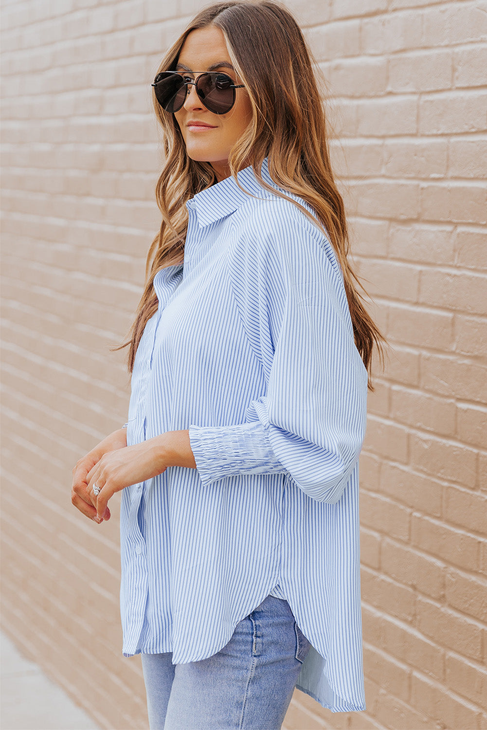 Black Striped Casual Shirred Cuffs Shirt Greta Bean & Co.