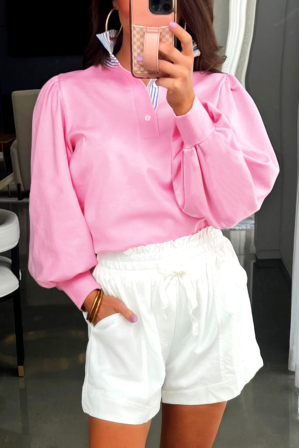 Bonbon Button Striped Collar Patchwork Puff Sleeve Sweatshirt Dear-Lover Dropshipping