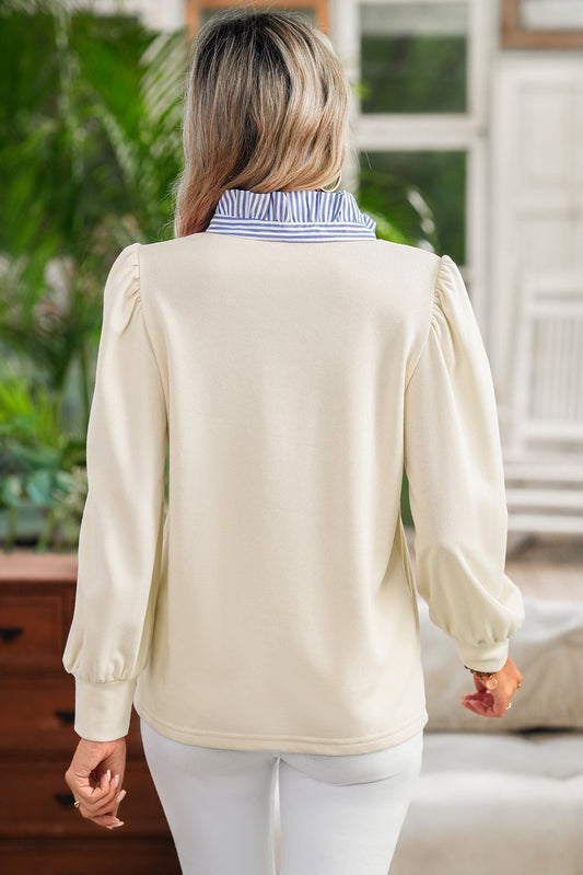 White Striped Ruffle Button Neck Pullover Sweatshirt Shewin
