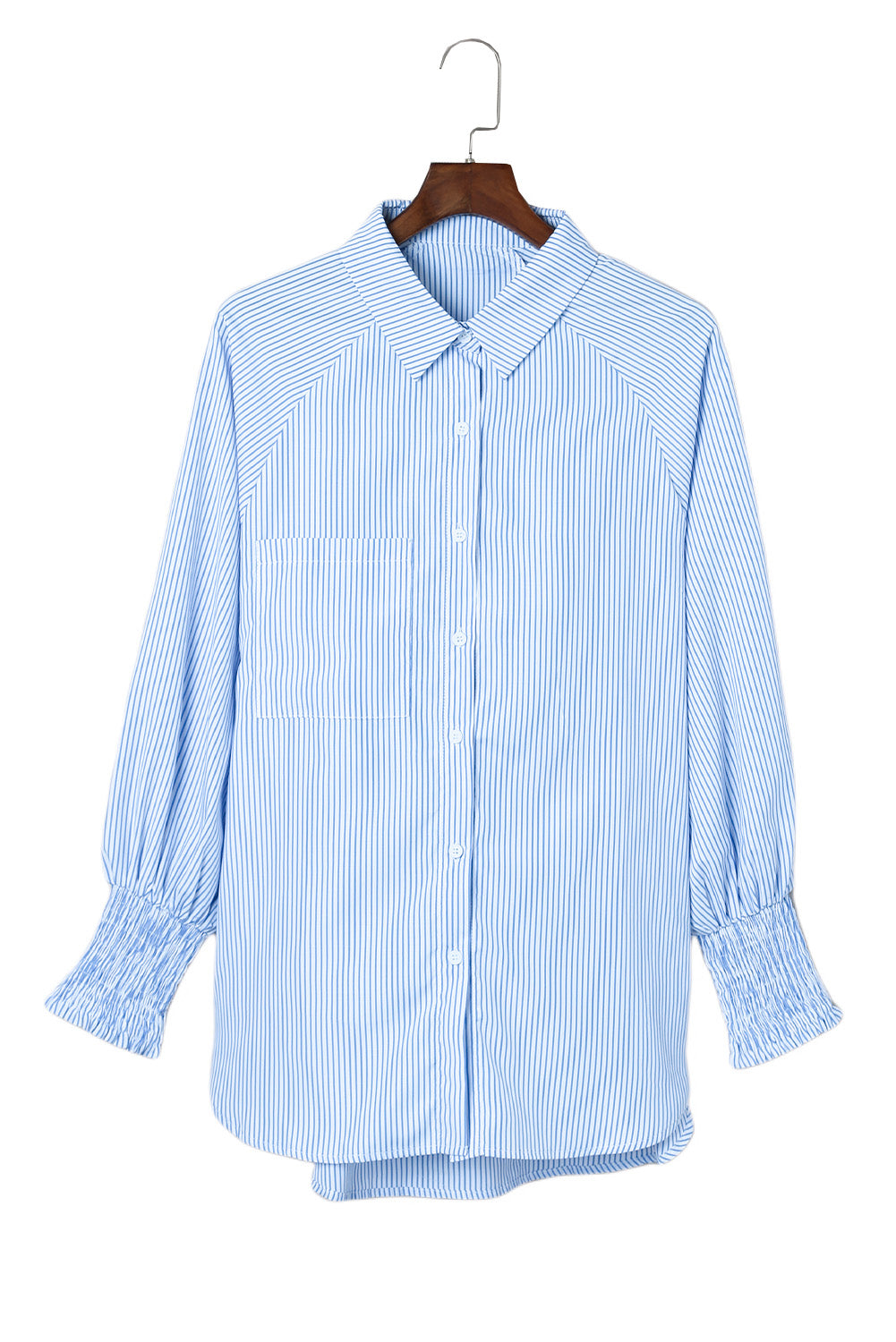 Sky Blue Smocked Cuffed Striped Boyfriend Shirt with Pocket Greta Bean & Co.