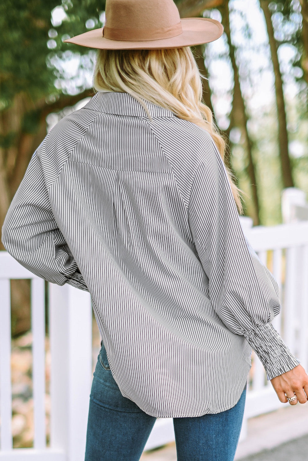 Black Striped Casual Shirred Cuffs Shirt Greta Bean & Co.
