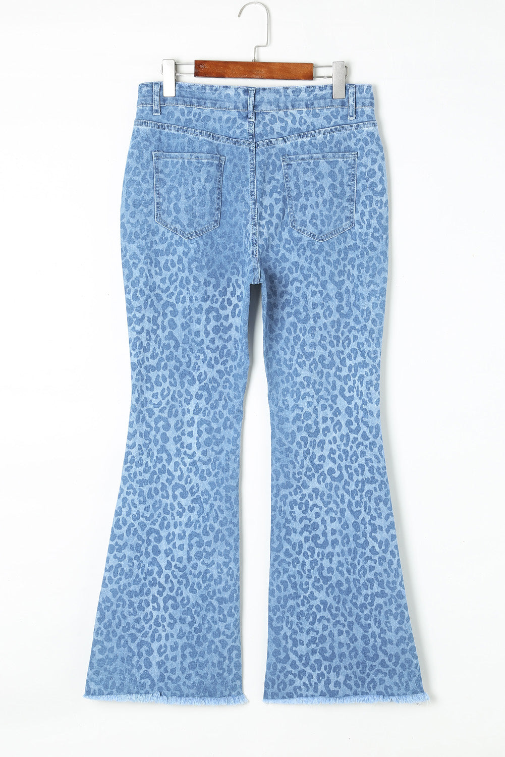 Sky Blue Leopard Print Raw Hem High Waist Flare Jeans Greta Bean & Co.