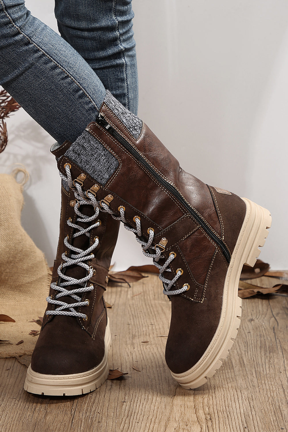 Coffee Wool Knit Patchwork Lace Up Leather Boots - Greta Bean & Co.