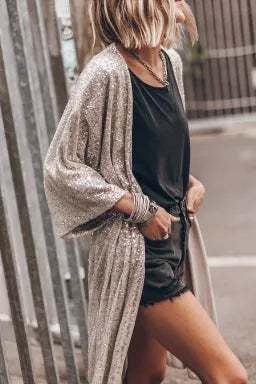 Apricot Sequin 3/4 Sleeve Open Front Duster Cardigan Greta Bean & Co.