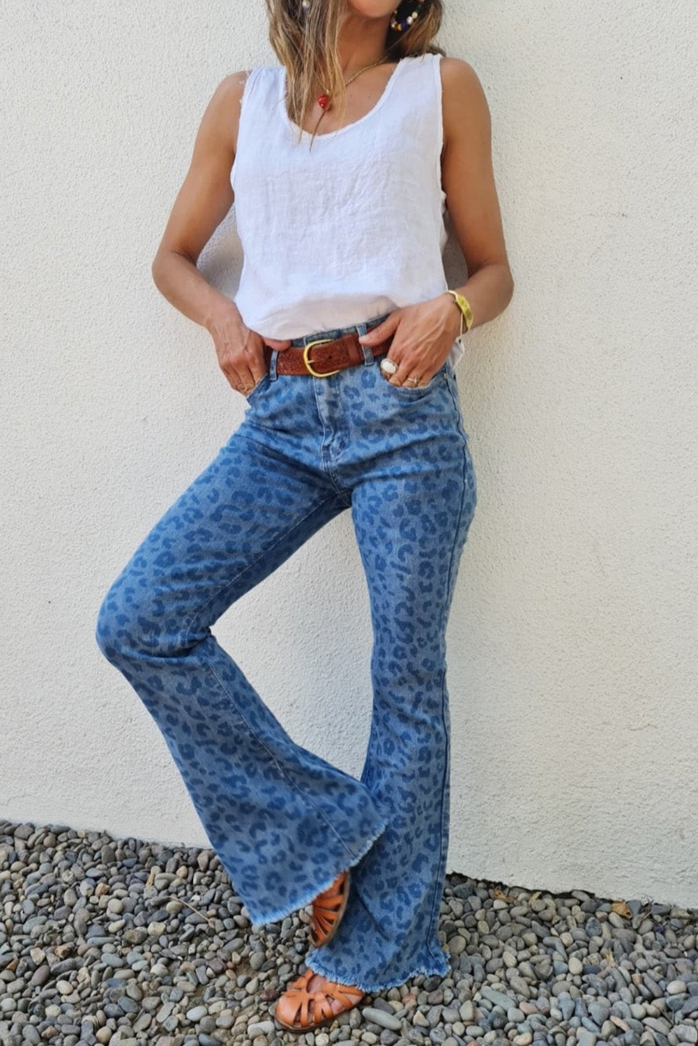 Sky Blue Leopard Print Raw Hem High Waist Flare Jeans Greta Bean & Co.