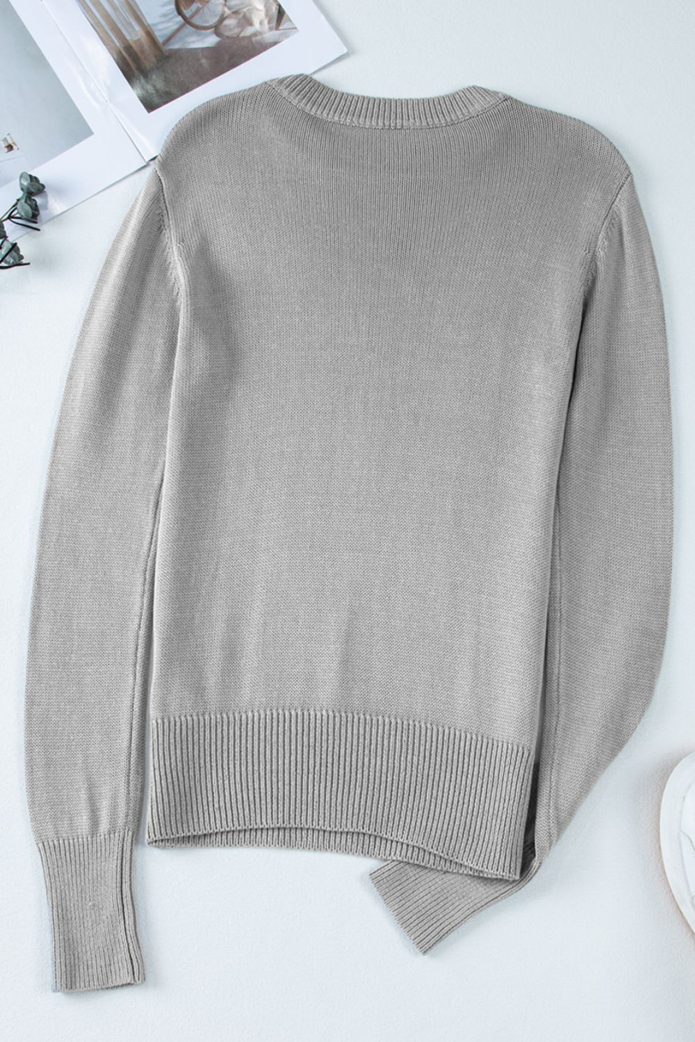 Ribbed Hem Round Neck Long Sleeve Sweater Trendsi