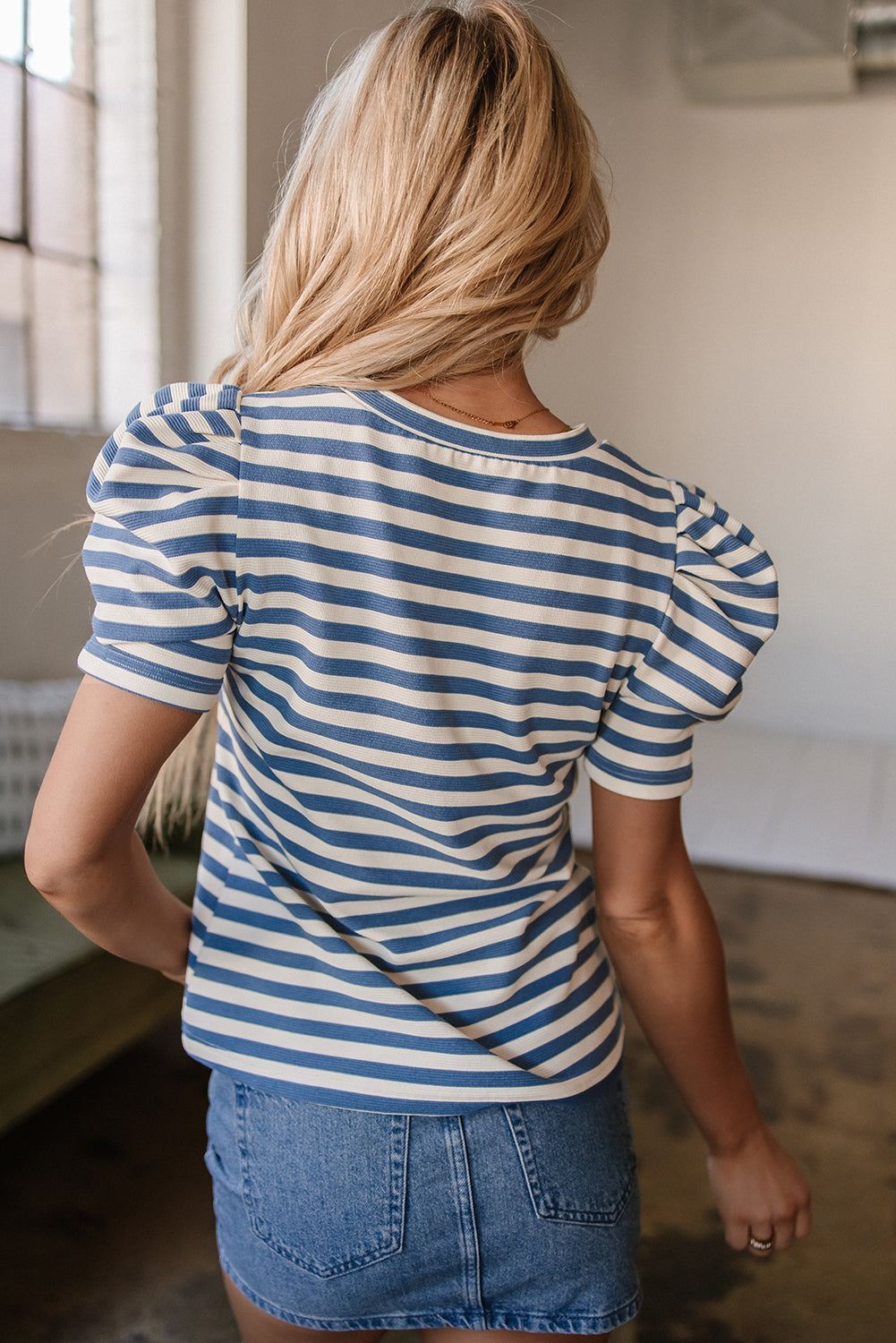 Striped America Cursive Puff Sleeve shirt - Greta Bean & Co.