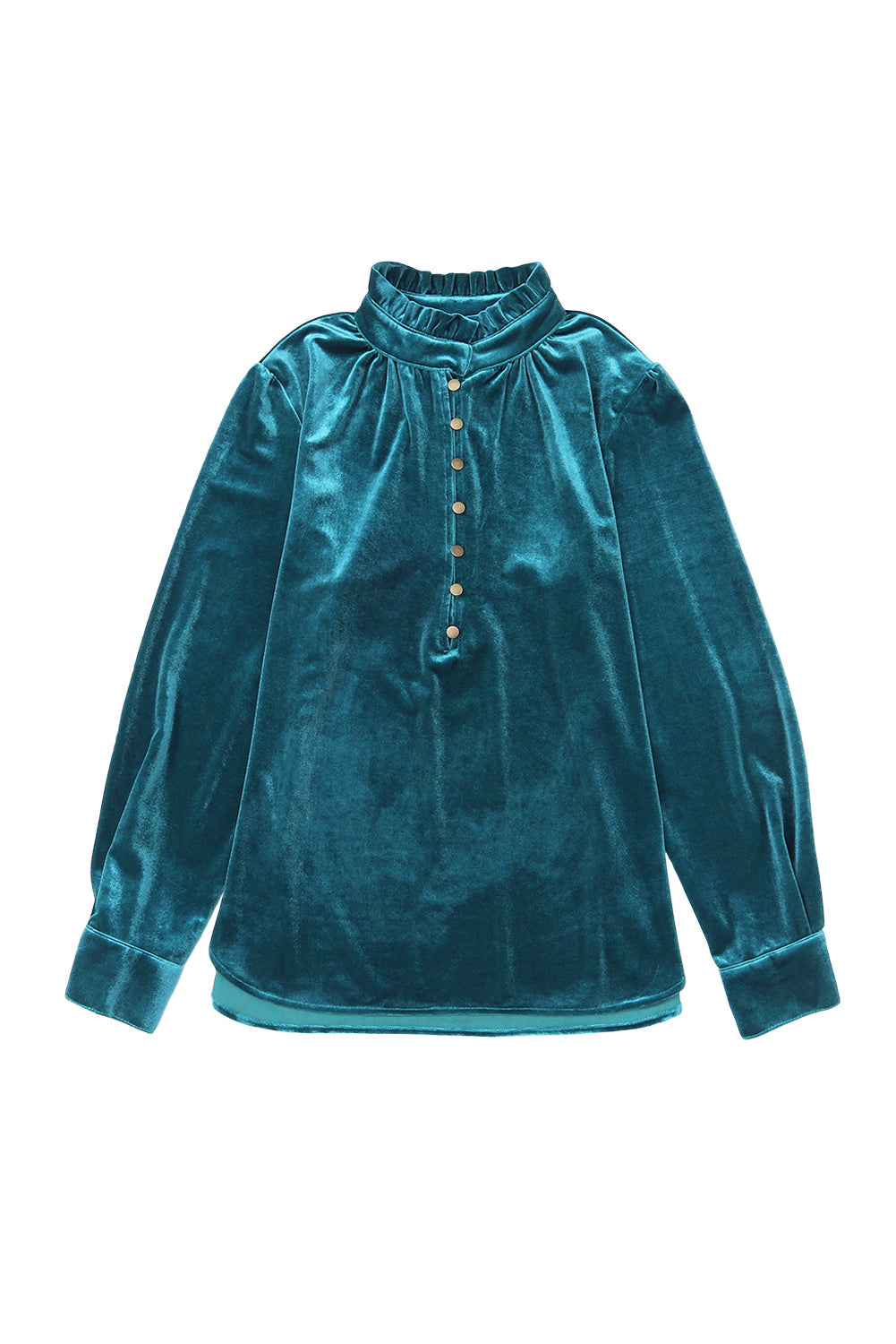 Green Frilled Neck Buttoned Front Velvet Top Shewin