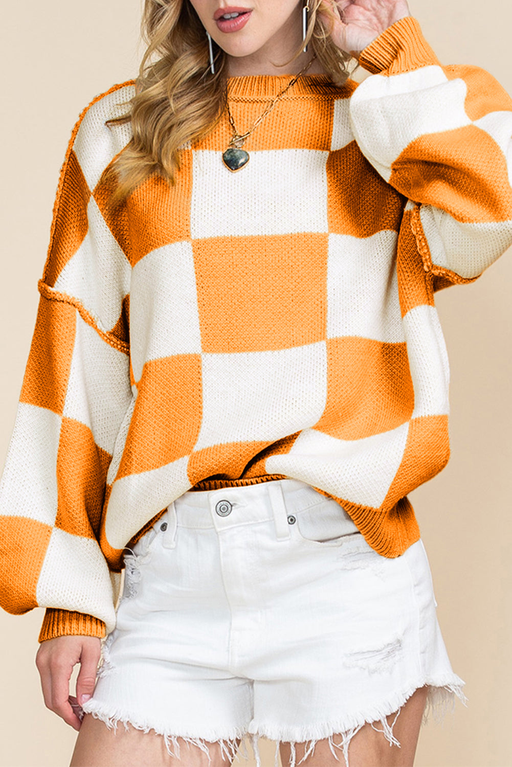 Orange & White Plaid Exposed Seam Bishop Sleeve Sweater - Greta Bean & Co.