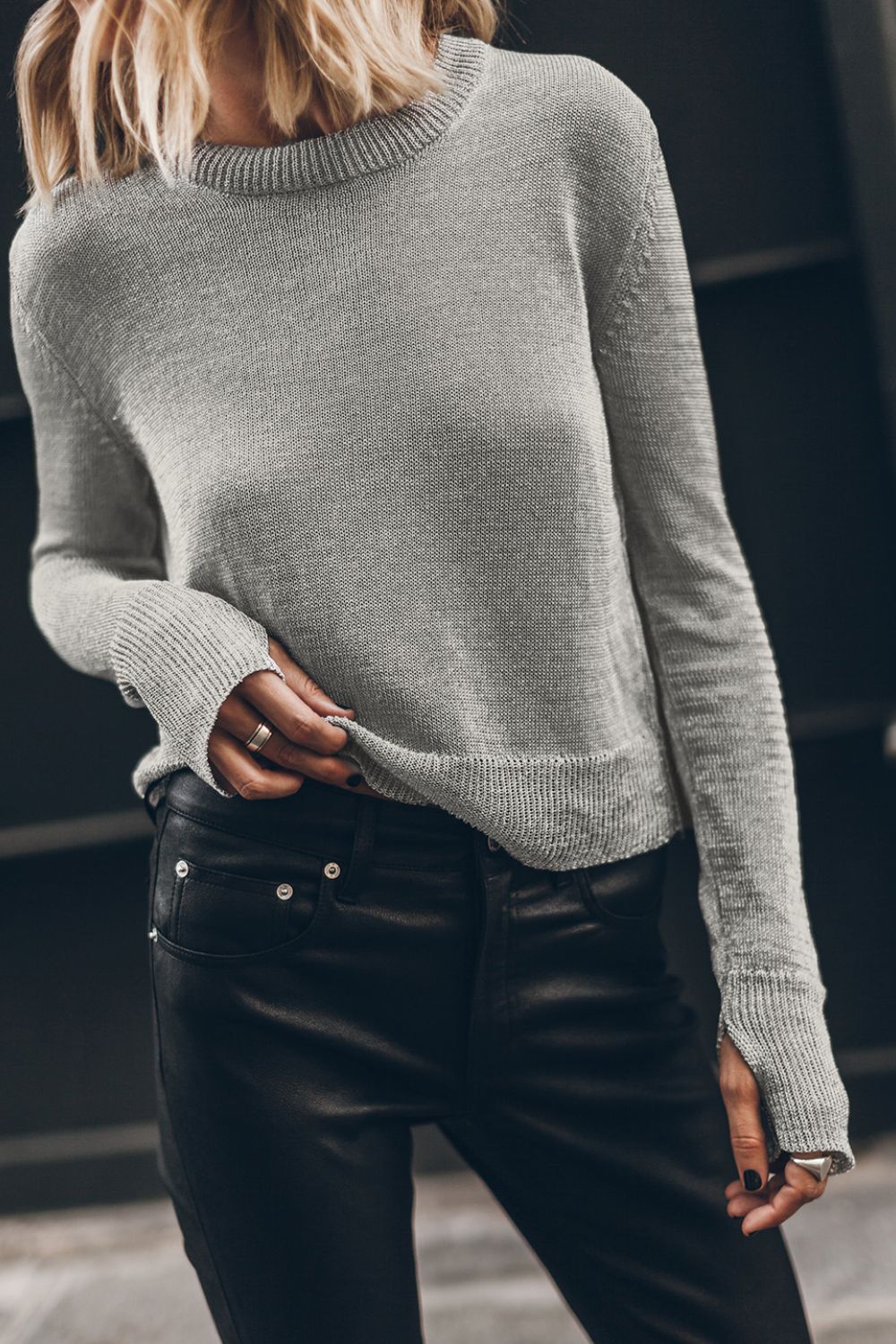 Ribbed Hem Round Neck Long Sleeve Sweater Trendsi