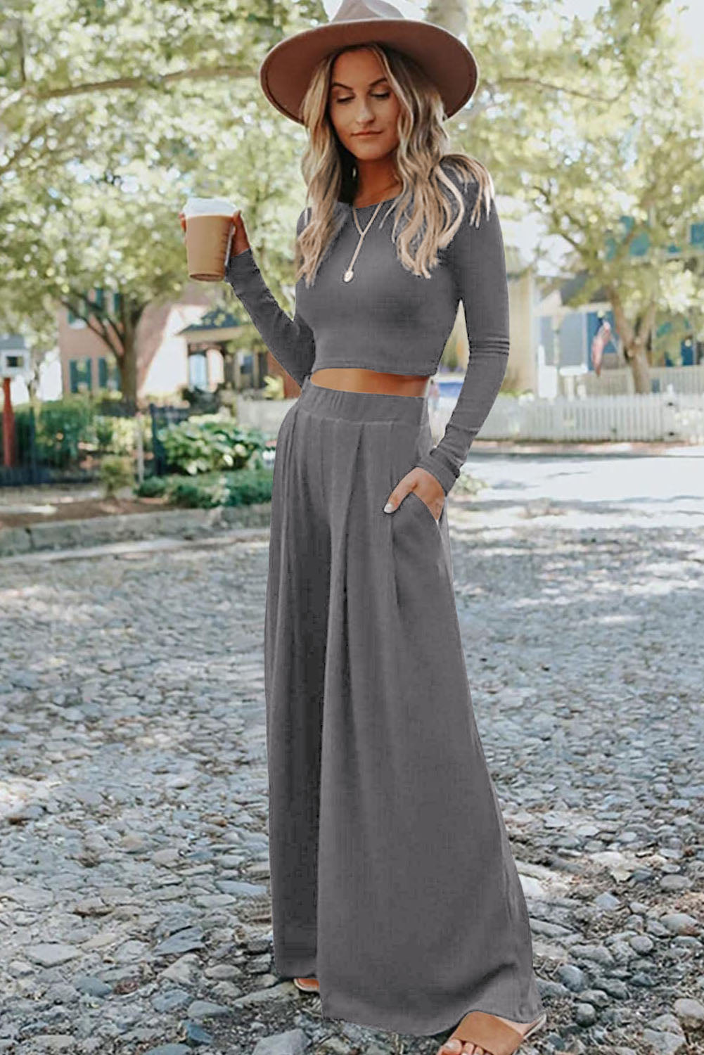 Gray Solid Color Ribbed Crop Top Long Pants Set - Greta Bean & Co.