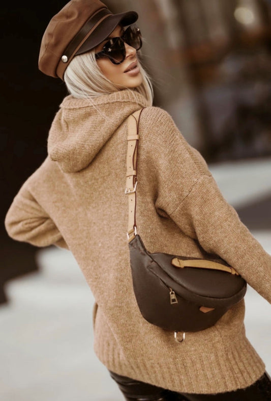 Camel Cowl Neck Pullover Hooded Sweater - Greta Bean & Co.