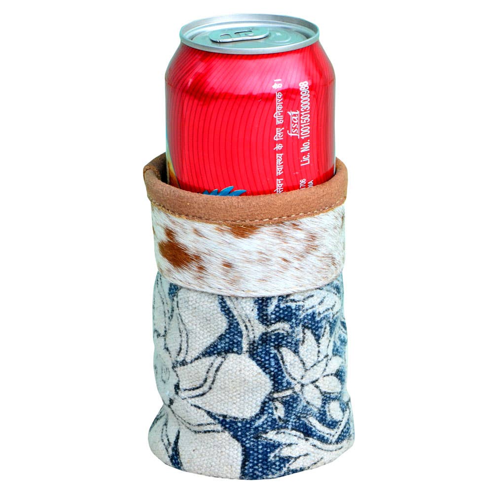 Blue Floral & Fur Canvas Can Huggie Clea Ray Canvas Bags & Clothing