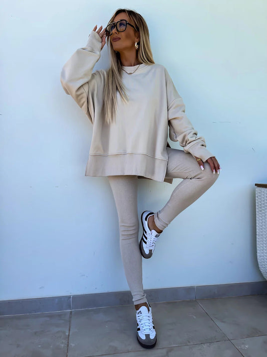 Trendy and Comfortable Two Piece Women's Casual Split Top with Leggings for Effortlessly Chic Style