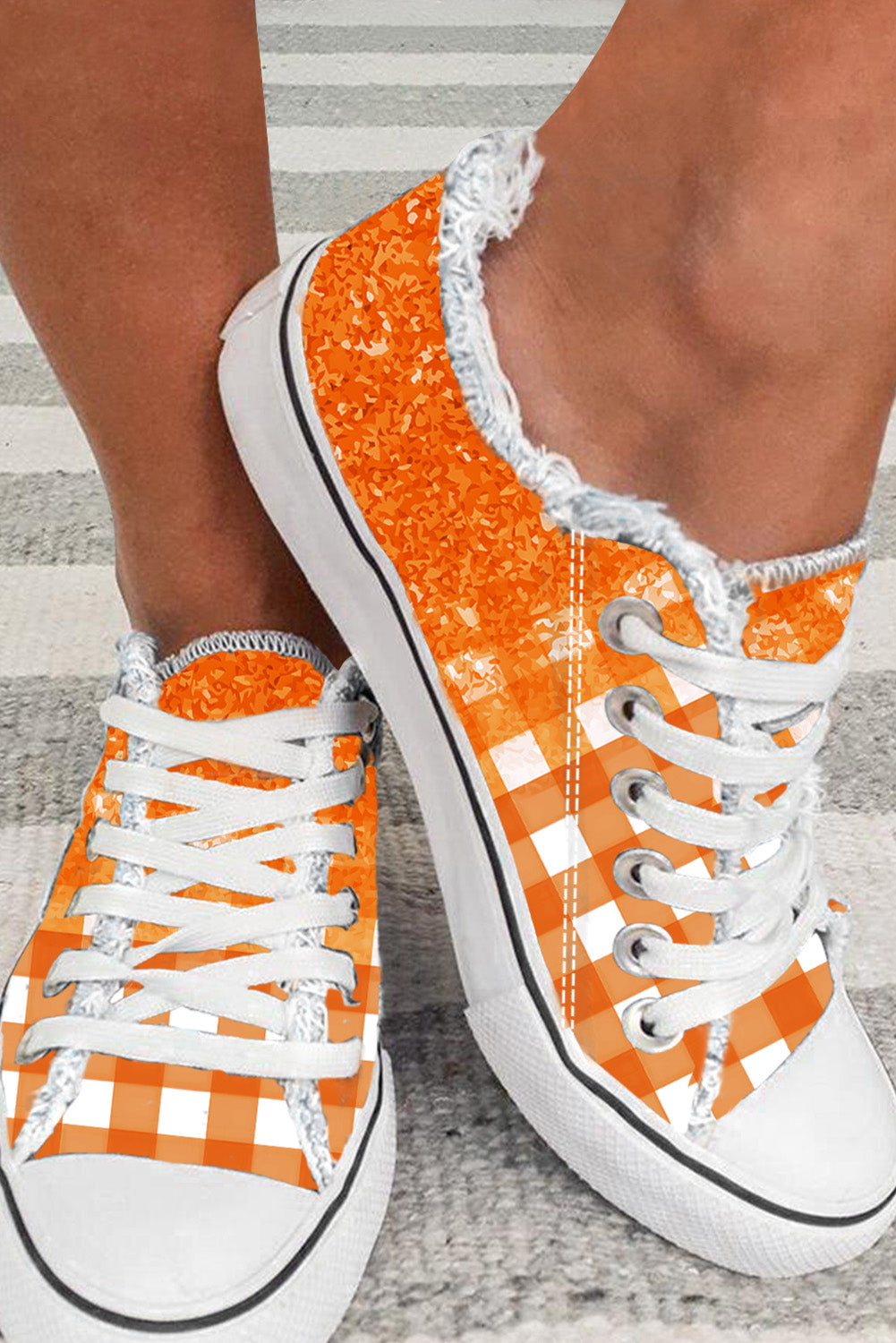 Trendy and Comfortable Orange Checkered Flat Canvas Shoes for Effortlessly Stylish Outfits