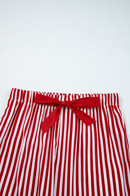 Red Stripe Contrast Velvet Trim Bow Knot Waist 2pcs Pajama Set Dear-Lover Dropshipping
