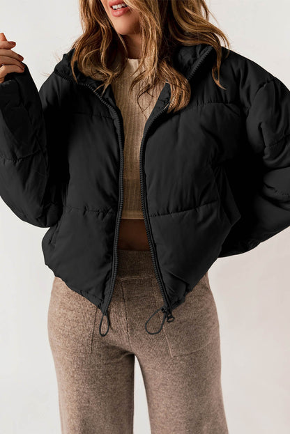 Black Zip Up Drawstring Hem Pocket Puffer Coat