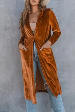 Rust Velvet Lapel Pocket Long Coat