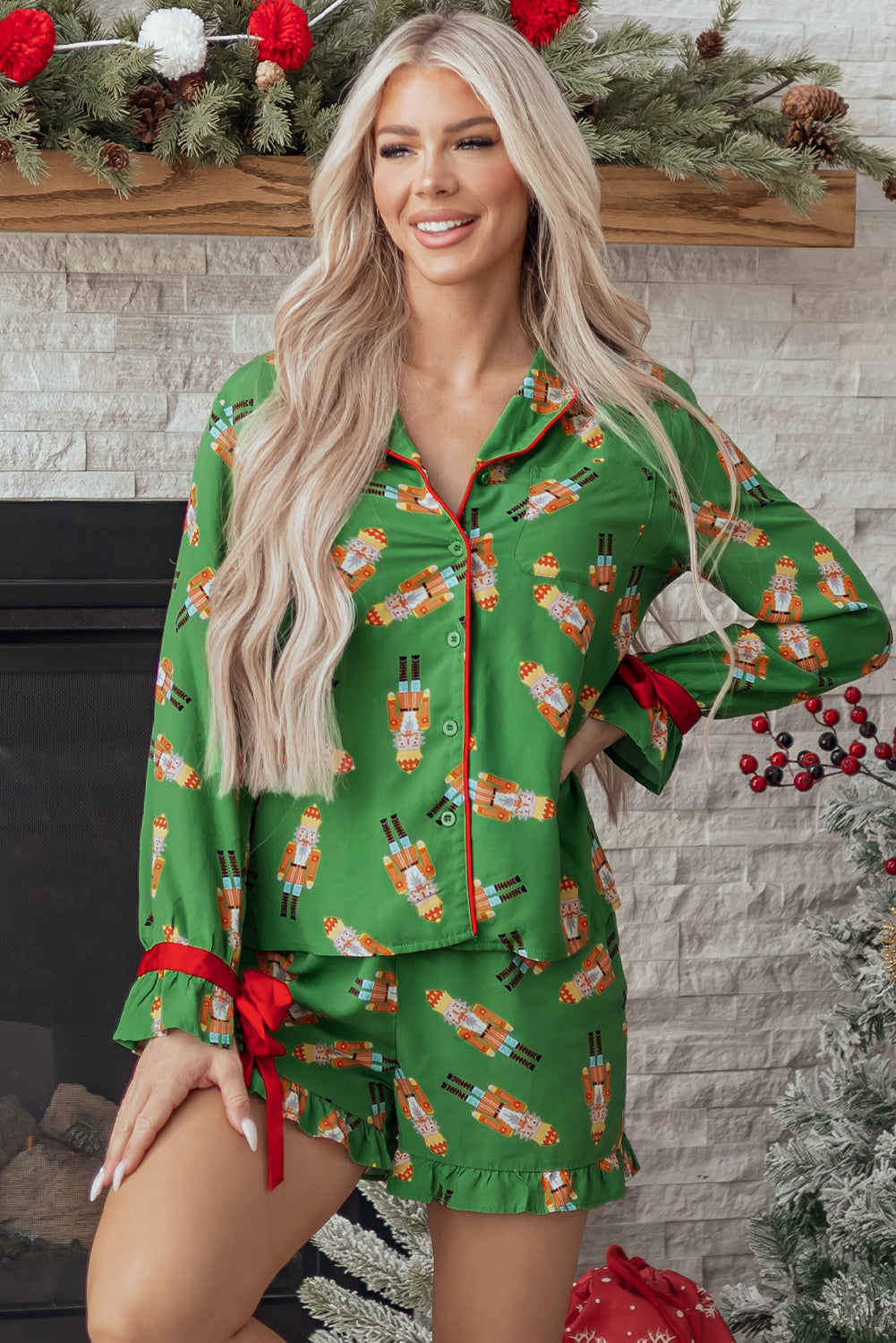 Pink Christmas Candy Contrast Trim Bow Knot Silky 2pcs Pajama Set Dear-Lover Dropshipping