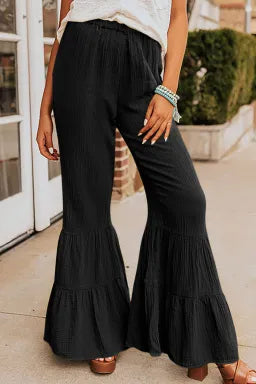 Black Cotton Tiered Ruffle Flare Pants