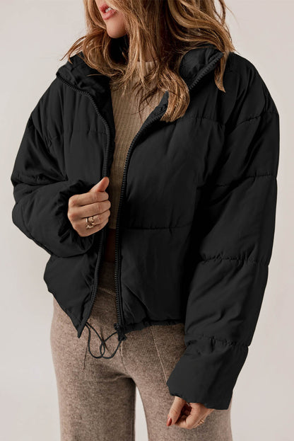 Black Zip Up Drawstring Hem Pocket Puffer Coat