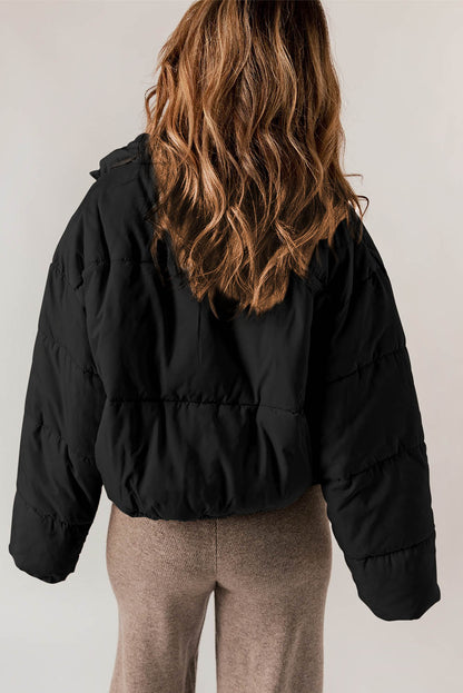 Black Zip Up Drawstring Hem Pocket Puffer Coat