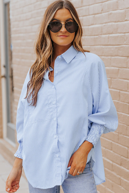 Black Striped Casual Shirred Cuffs Shirt