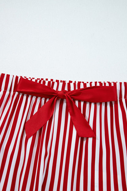 Red Stripe Contrast Velvet Trim Bow Knot Waist 2pcs Pajama Set Dear-Lover Dropshipping