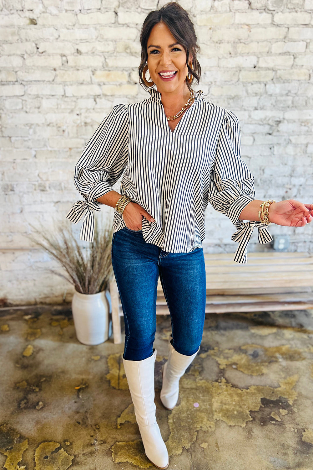 Black Stripe Frill V Neck Knot Cuffs Blouse Shewin